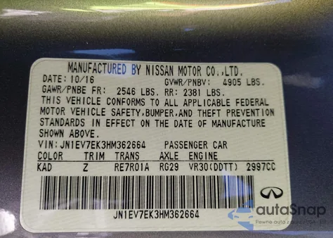 2017 Infiniti Q60 3.0T Sport z USA, uszkodzony, nr VIN JN1EV7EK3HM362664